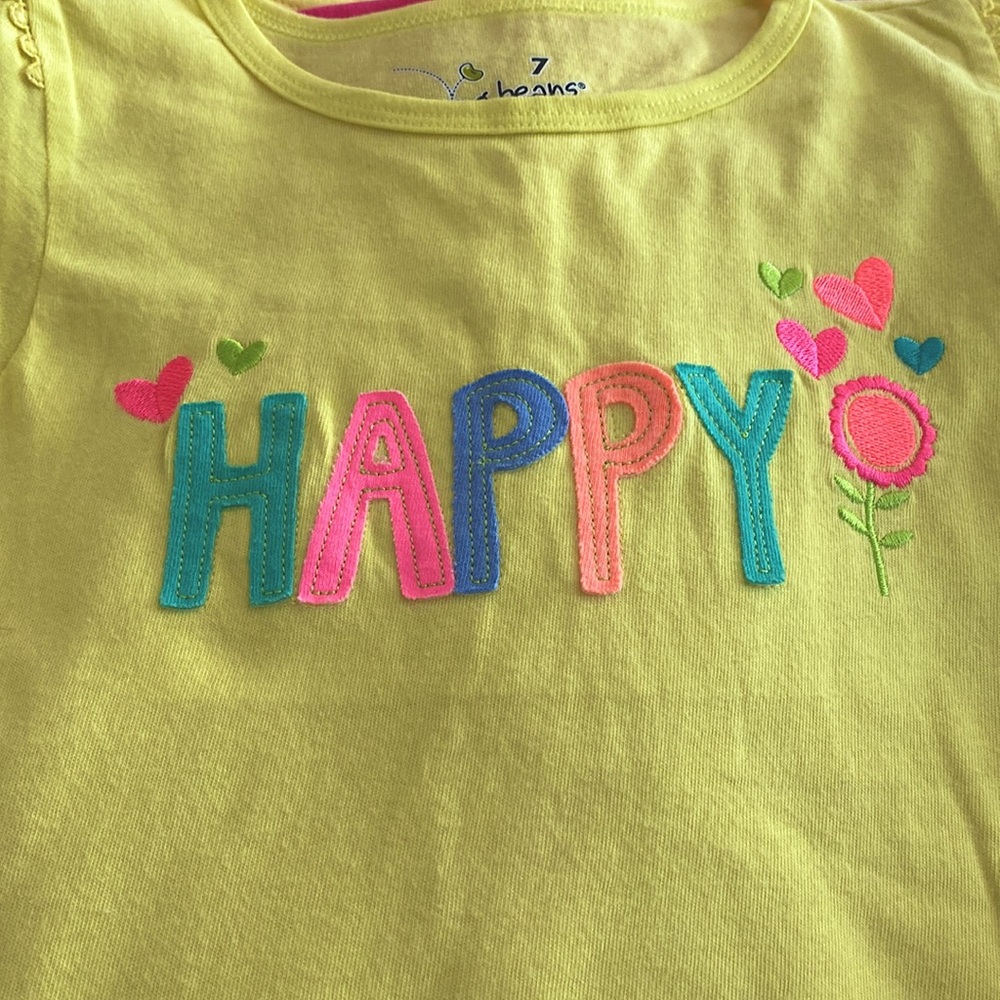Jumping Beans Girls 7 Med HAPPY Tshirt Embroidered Appliqué Graphic Yellow